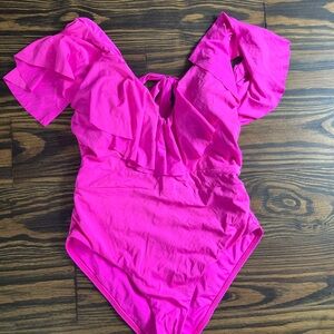 Trina Turk Atlas Ruffle Plunge Orchid Bathing Suit size 8